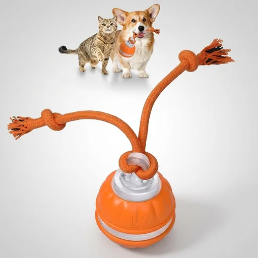 PAWSPIK Rope Runner Interactive Rechargeable Dog Ball Toy, Small | Automatic Rolling Dog Toy with Rope, Motion-Activated, 3 Play Modes, Built-in Squeaker and LE