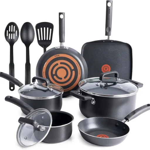 T-Fal Signature Nonstick Pots and Pans Set 12 Piece, Oven Broiler Safe 350F, Kitchen Cookware Set w/Fry Pans, Saucepans, Saute Pan, Dutch Oven, Griddle, Kitchen, Home, Dishwasher Safe, Black