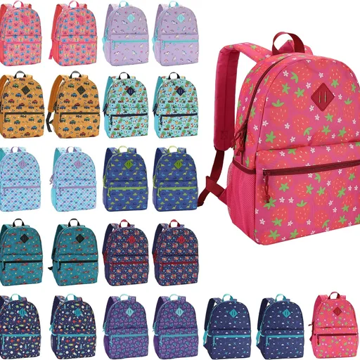 24-Pack 17" Elementary Bulk Backpacks for School, Bulk Printed Bookbags for Boys and Girls Ages 5-11, Assorted Prints for School Drives, Donations, and Giveaways