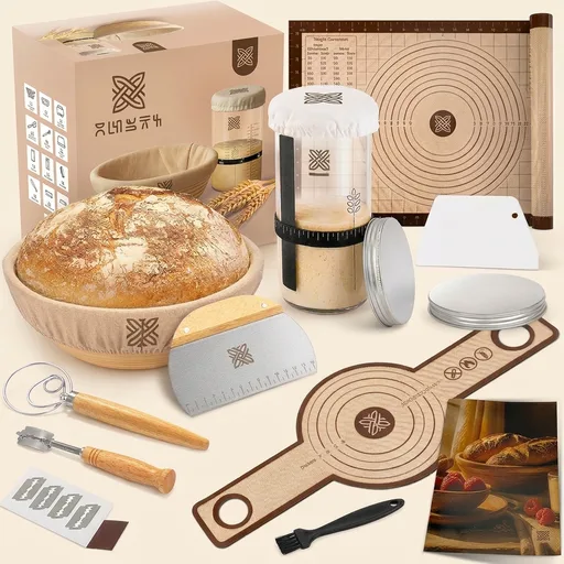 https://a.co/d/0218Fuxo Starter Kit with 9" Round Banneton Proofing Basket and 24oz Starter Jar - Beginner-Friendly Sourdough Bread Baking Supplies and Baking Gifts for Women, Men, and Bread Bakers