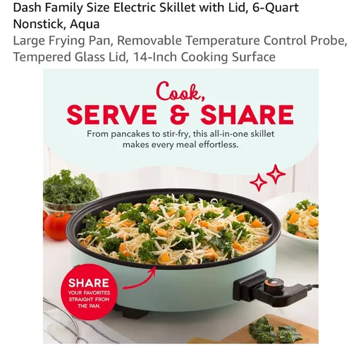 Dash Family Size Electric Skillet with Lid, 6-Quart Nonstick, Aqua