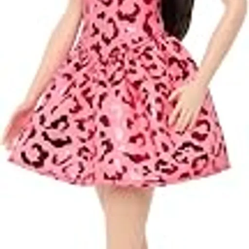 BarbieFashionistas Doll #246 with Black Hair, Leopard Themed Outfit | Wearing Pink Leopard Print Strapless Dress with Accessories like Tie Necklace and Boots