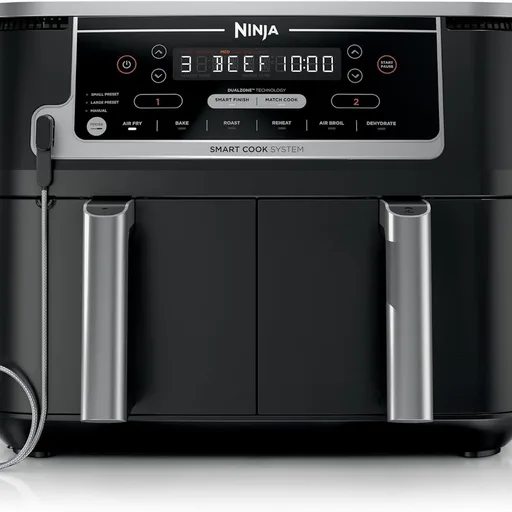 Ninja DZ550 Foodi 10 Quart 6-in-1 DualZone Smart XL Air Fryer with 2 Independent Baskets, Smart Cook Thermometer for Perfect Doneness, Match Cook and Smart Finish to Roast, Dehydrate and More, Black
