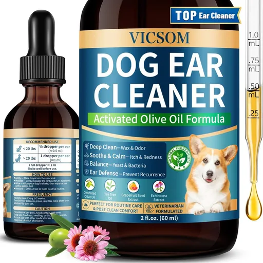 VICSOM Dog Ear Infection Treatment Drops, Natural Dog Ear Cleaner Ear Drops for Itch Relief, Support Wax, Odor & Yeast Infection, Dog Ear Cleaning Solution with Ozonated Olive Oil, 60ml