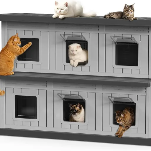 DRATO Outdoor Cat House Resin Double-Decker Cat Houses for Cats Weatherproof Large Space Cat Shelter Indoor & Outdoor Use
