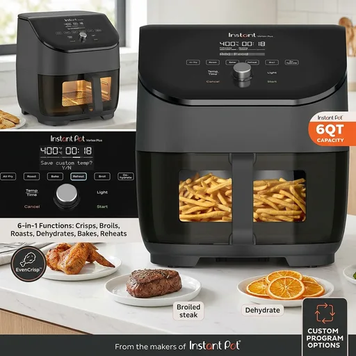 Instant Pot Vortex Plus 6QT ClearCook Air Fryer, Clear Windows, Custom Program Options, 6-in-1 Functions, Crisps, Broils, Roasts, Dehydrates, Bakes, Reheats, from the Makers of Instant Pot, Black