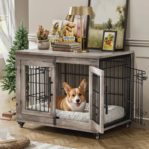 Lulive Dog Crate Furniture for Medium Dogs, 32'' Dog Kennel Indoor with Cushion & Wheels Wooden Dog Cage Double Doors Dog Crate End Table, Grey