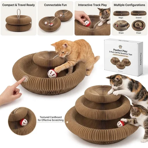 2-Pack Cat Pad Scratcher Toys, Magic Organ Cat Toy & Kitty Curls Cat Toy, Interactive Cardboard Cat Scratching Board with Bell Balls, Corrugated Scratcher for Indoor Cats, Furniture Protection