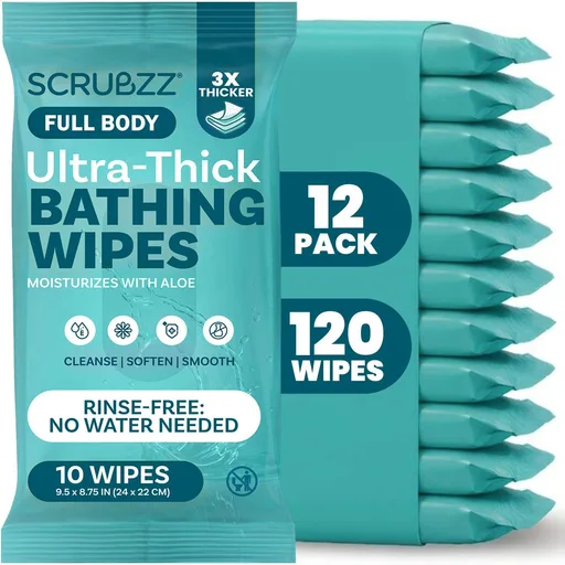 Extra Large Body Wipes for Adults Bathing No Rinse - 120 Ultra Thick Disposable Shower Wipes for Men, Women & Elderly - Great for Gym, Camping, Post Surgery