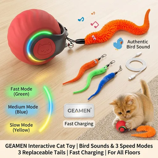 Geamen Interactive Cat Toys with Bird Sounds & 3 Speed Modes, Rechargeable Automatic Moving Cat Toy with 3 Tails, Fast Charging Smart Rolling Ball for Indoor Cats to Chase Play on Hard Floor Carpet