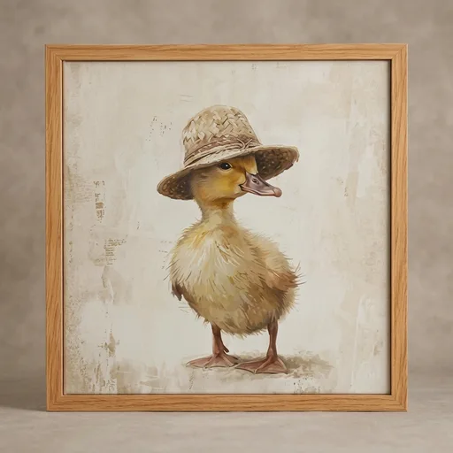 KHYEY Vintage Duckling with Straw Hat Wood Framed Canvas Wall Art