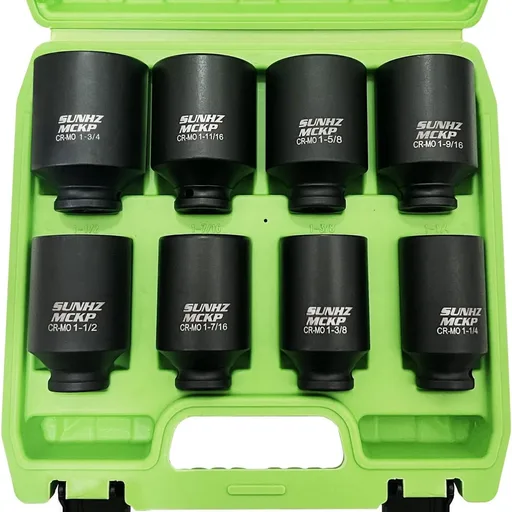 SUNHZMCKP 1/2" Drive Deep 6-Point Impact Socket Set, 8-Piece Standard SAE Spindle Axle Nut Impact Socket Set, Cr-Mo, 1-1/4-Inch to 1-3/4-Inch Size