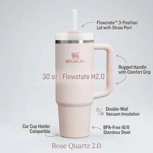 STANLEY Quencher H2.0 Tumbler with Handle and Straw 30 oz | Flowstate 3-Position Lid | Cup Holder Compatible for Travel | Insulated Stainless Steel Cup | BPA-Free | Rose Quartz 2.0