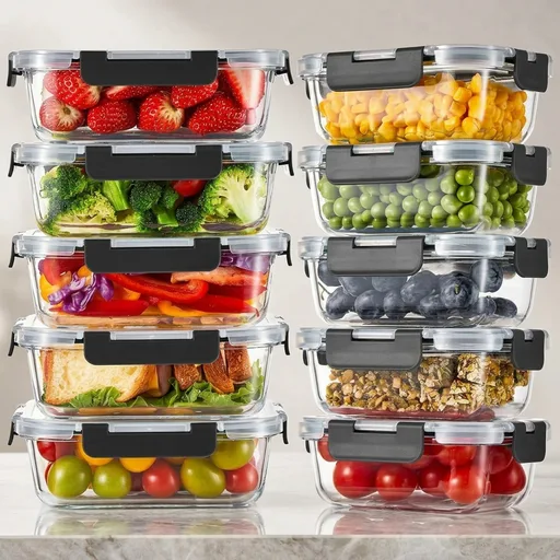Liuruiyu 10 Pack Glass Food Storage Containers with Lids, Meal Prep Containers, Airtight Bento Boxes with Leak Proof Locking for Microwave, Oven, Freezer and Dishwasher, BPA Free