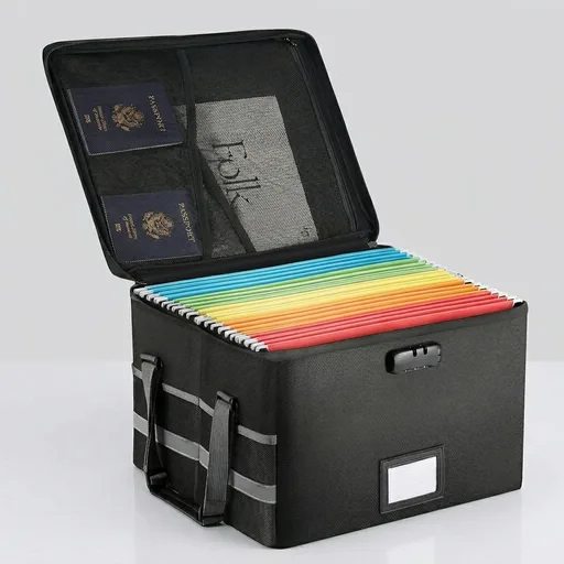 File Box with Lock, Fireproof Document File Organizer Box with Zipper & Adjustable Handle, Collapsible File Storage Box Home Office Safe Filing Cabinet for Hanging Letter/Legal Folder