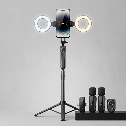 Vlogging Kit for iPhone/Android, 63”Auto Face Tracking Tripod for iPhone with Light, Wireless Microphones, Scrolling Remote Control for TikTok, Content Creator Kit for YouTube Starter