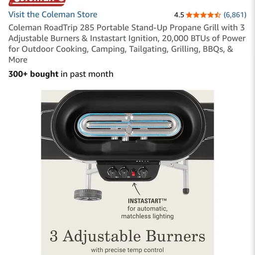 Coleman RoadTrip 285 Portable Stand-Up Propane Grill with 3 Adjustable Burners & Instastart Ignition, 20,000 BTUs of Power for Outdoor Cooking, Camping, Tailgating, Grilling, BBQs, & More