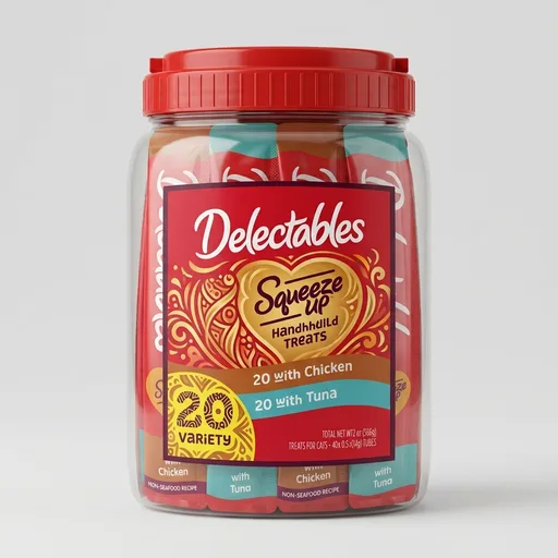 Delectables Squeeze Up Variety Pack, Creamy Squeezable Puree, Lickable Wet Cat Treats, Grain-Free, No Added Fillers, 0.5 Ounces Tube, 40 Tubes Total