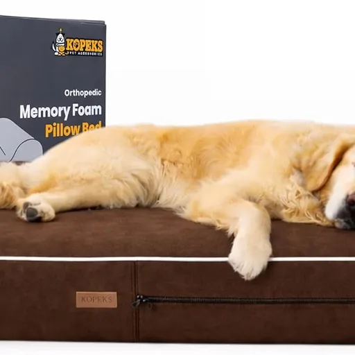 KOPEKS Orthopedic Memory Foam Dog Bed 7" Inch Thick Extra Large Dog Bed With Pillow Brown 50"x34"x10" Includes Waterproof Liner & Durable Removable Cover With Smart Design