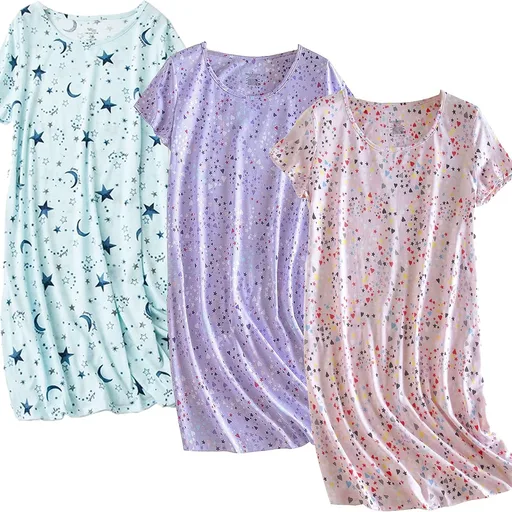 PNAEONG 3 Pack Women's Cotton Nightgown Sleepwear Short Sleeves Shirt Casual Print Sleepdress