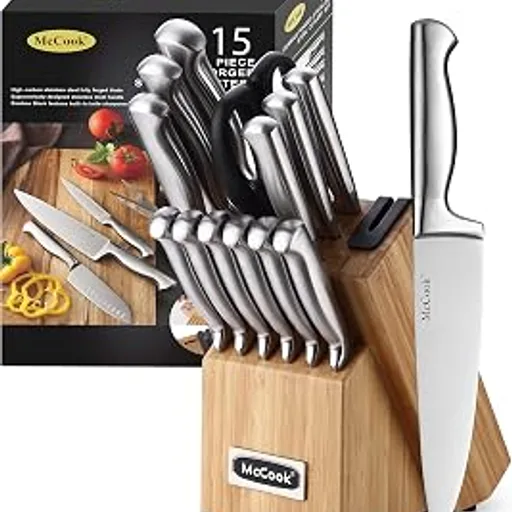 McCook Knife Set Kitchen Steel Knife Block Set w Built-in Sharpener | German Forged Stainless Steel,15 PC,Razor Sharp,Non-Stick&Anti-Rust,Ergonomic Handle,Full