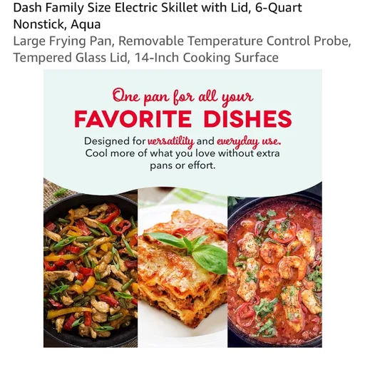 Dash Family Size Electric Skillet with Lid, 6-Quart Nonstick, Aqua