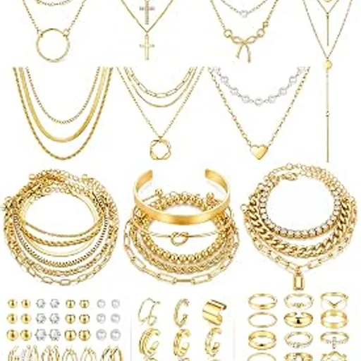 73 Pcs Gold Jewelry Set for Women, Necklaces Bracelets Rings Earrings Set