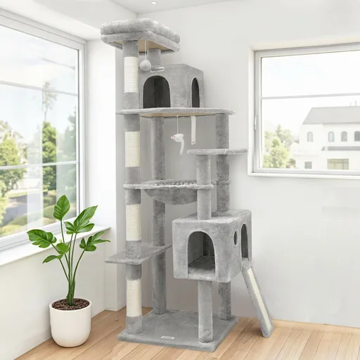 Globlazer Heavy Duty Cat Tree, 70 inch Sturdy Cat Tree for Indoor Cats Extra Large Cat Tower with Scratching Post, Hammock, Cat Condo for Adult Cats Kittens, F70 Pro, Light Grey