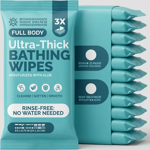 Extra Large Body Wipes for Adults Bathing No Rinse - 120 Ultra Thick Disposable Shower Wipes for Men, Women & Elderly - Great for Gym, Camping, Post Surgery