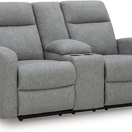 Signature Design by AshleyReclining Loveseat Sofa Couch with Console | Sterling gray polyester chenille, 3-in wall-hugger profile, Dual cup holders and console