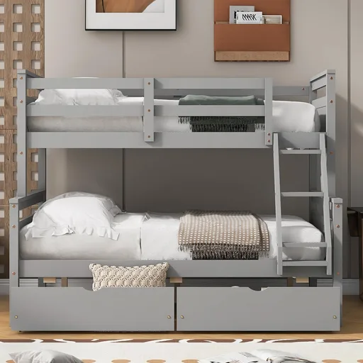 Merax Twin Over Full Bunk Bed with Drawers, Convertible Wood Bunk Bed with Ladders and Two Storage Drawers, Solid Wood Detachable Bunk Bed Frame with Ladders, Grey
