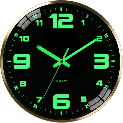 Wall Clock 12 Inch Luminous Silent Large Numerals Black, Metal Frame 1-Pack