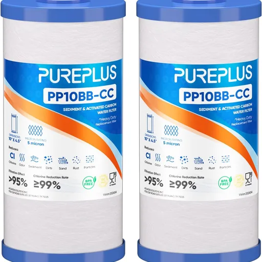PUREPLUS 5 Micron 10" x 4.5" Whole House Sediment and Carbon Water Filter Replacement Cartridge for GE FXHTC, GXWH40L, GXWH35F, GNWH38S, Culligan RFC-BBSA, WRC25HD, PP10BB-CC, Pentek RFC-BB, 2Pack