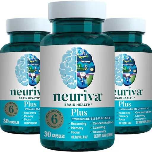 NEURIVA Plus Brain Supplement for Memory, Focus & Concentration + Cognitive Function with Clinically Tested Nootropics Phosphatidylserine and Neurofactor, VIT B6 & B12, 30 Count Capsules (3 Pack)