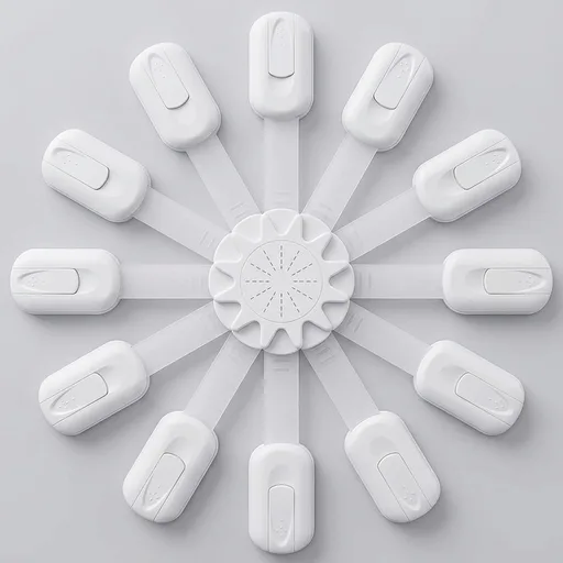 12 Pack Vmaisi Multi-Use Adhesive Straps Locks - Childproofing Baby Proofing Cabinet Latches for Drawers, Fridge, Dishwasher, Toilet Seat, Cupboard, Oven,Trash Can, No Drilling (White) (12)