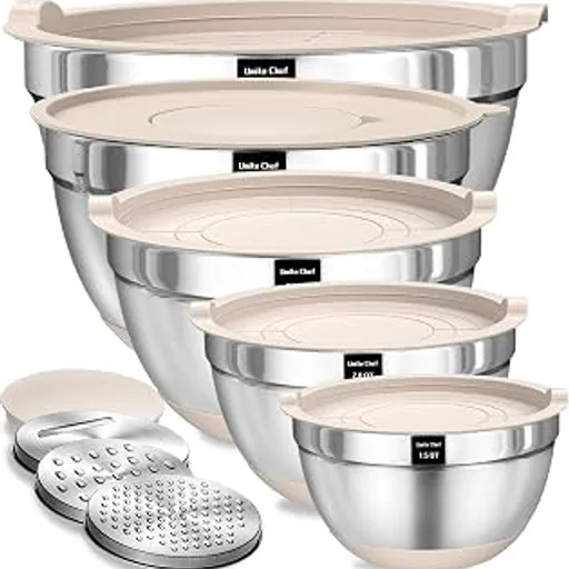 Heavy-Duty 5QT Large Mixing Bowls with Lids Set, Non-Slip Silicone Base