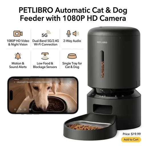 PETLIBRO Automatic Cat Feeder with Camera, 1080P HD Video with Night Vision, 5G WiFi Pet Feeder with 2-Way Audio, Low Food & Blockage Sensor, Motion & Sound Alerts for Cat & Dog Single Tray