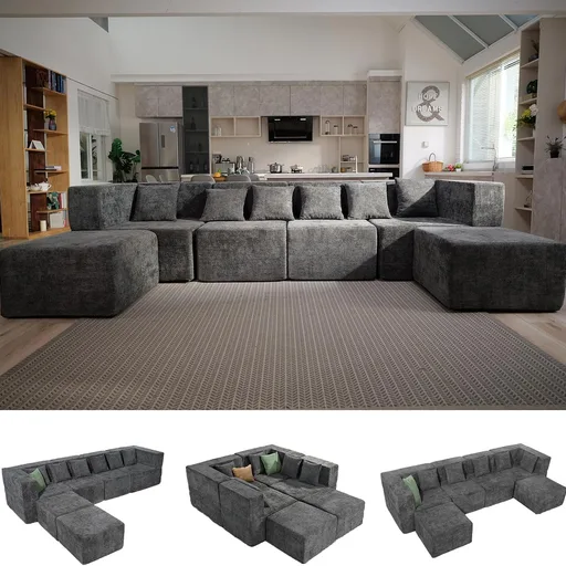 MONVANE Modular Sectional Cloud Couch for Living Room - 130'' 6 Seater Convertible Chenille Couches Set with Ottoman, No Assembly Compression Sofas, Comfy Floor Sofa with Memory Foam, Grey