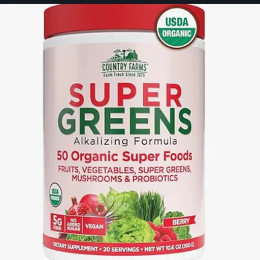 Country Farms Organic Super Greens Powder, Daily Greens Drink Mix with 50 Organic Superfoods, Fruits, Vegetables, Fiber, Mushrooms & Probiotics for Gut Health, Digestion & Energy, Berry Flavor