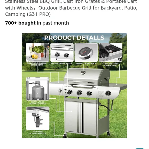 34,000 BTU 3-Burner Propane Gas Grill with Side Burner, All Stainless Steel BBQ Grill, Cast Iron Grates & Portable Cart with Wheels,Outdoor Barbecue Grill for Backyard, Patio, Camping (G31 PRO)