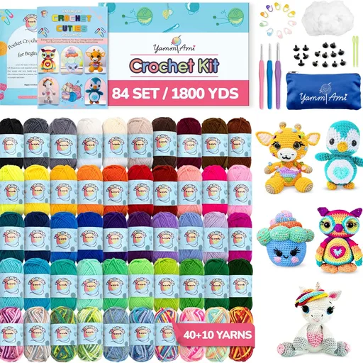 YammiAmi 1,800 Yards Beginner Crochet Kit for Adults – 84 Pc Amigurumi Crochet Kit for Starters with 50 Skeins Yarn, Accessories Set, Ergonomic Hooks, Instruction Book to Learn Crocheting