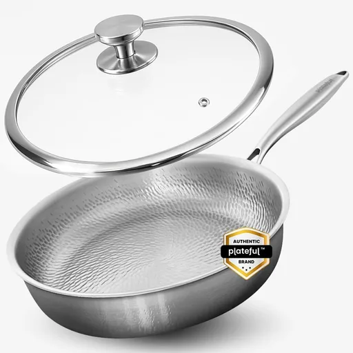 Plateful Titanium Pan For Cooking 12" - Pure, No Coating Non-Stick Titanium Cookware, Frying Pans, Hammered Pan, Safe For Oven, Induction & Cooktops Up To 750°F, Includes Lid
