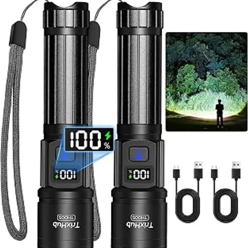 TrixHubRechargeable Flashlights 2 Pack Super Bright High Lumens Flashlight | LCD Digital Display, 5 Modes, USB C Charging, Zoomable Linternas, Powerful Handheld