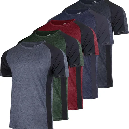 Real Essentials 5 Pack: Men's Dry-Fit Short Sleeve Crew Neck T Shirts Fitness Running Gym Workout Cool Exercise Athletic Tee