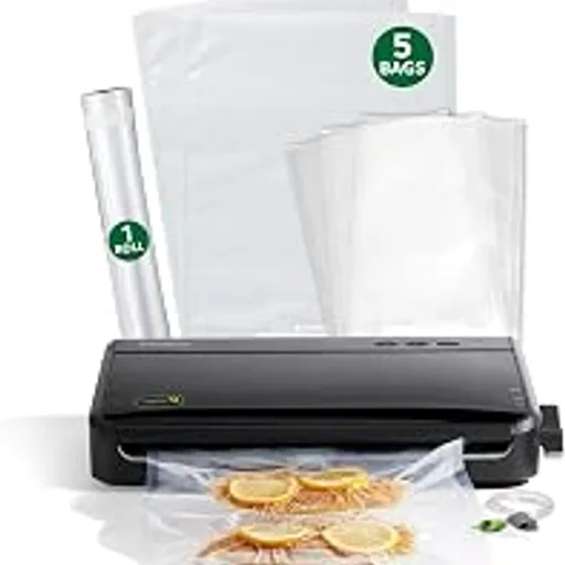 FoodSaverFM2100 Vacuum Sealer Machine, One-Touch Sealing, Roll Storage & Cutter, Dry & Moist Food, For Sous Vide Cooking, Accessory Port & Hose, Starter Bags &