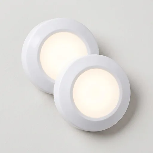Amazon Basics LED Puck Lights, Battery Operated, 50 Lumens, Under Cabinet Lighting, Easy to Install, Easy to Use, Adhesive Backing, 2-Pack, White