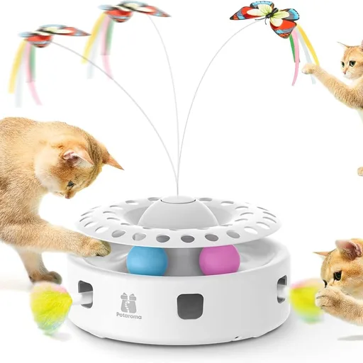 Potaroma Cat Toys 3in1 Automatic Interactive Kitten Toy, Fluttering Butterfly, Moving Feather, Track Balls, Dual Power Supplies, USB Powered, Indoor Exercise Kicker (Bright White)