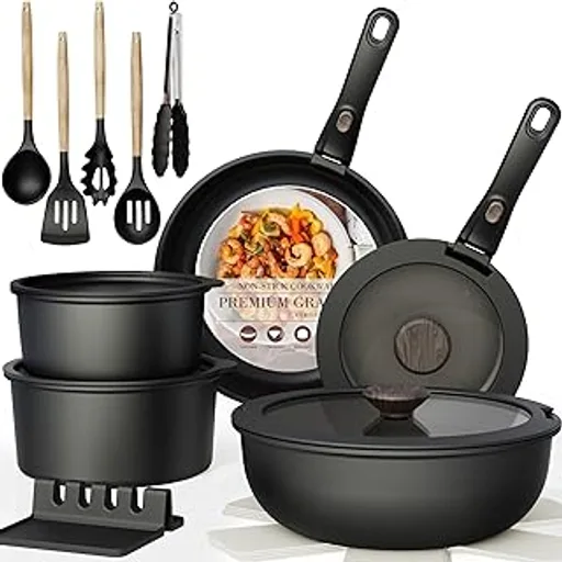Astercook 21 Pcs Pots and Pans Set Non Stick, Ceramic Cookware Set Detachable Handle, RV Kitchen Cooking Set Removable Handles, Oven Safe, Induction Ready, Stac