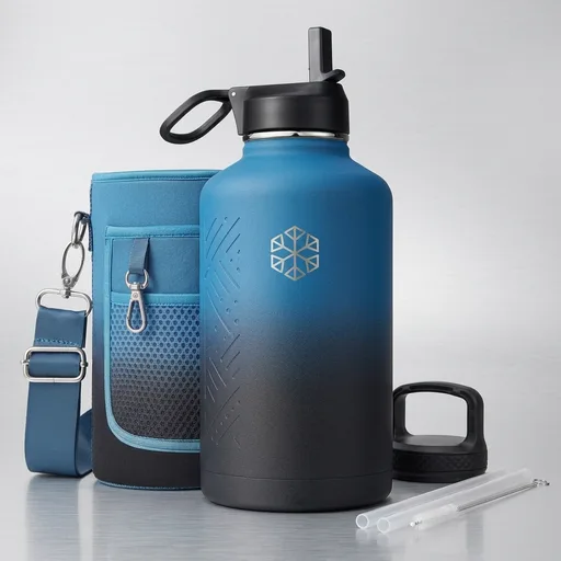 Coolflask Half Gallon Water Bottle Insulated with Straw & 3 Leakproof Lids | 64 oz Large Water Jug Stainless Steel Triple-Wall, Cold 48+h/Hot 24+h Dishwasher Sa