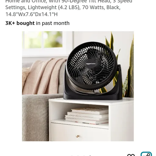 Amazon Basics Air Circulator Fan, Desk Fan for Bedroom, Home and Office, With 90-Degree Tilt Head, 3 Speed Settings, Lightweight (4.2 LBS), 70 Watts, Black, 14.8"Wx7.6"Dx14.1"H